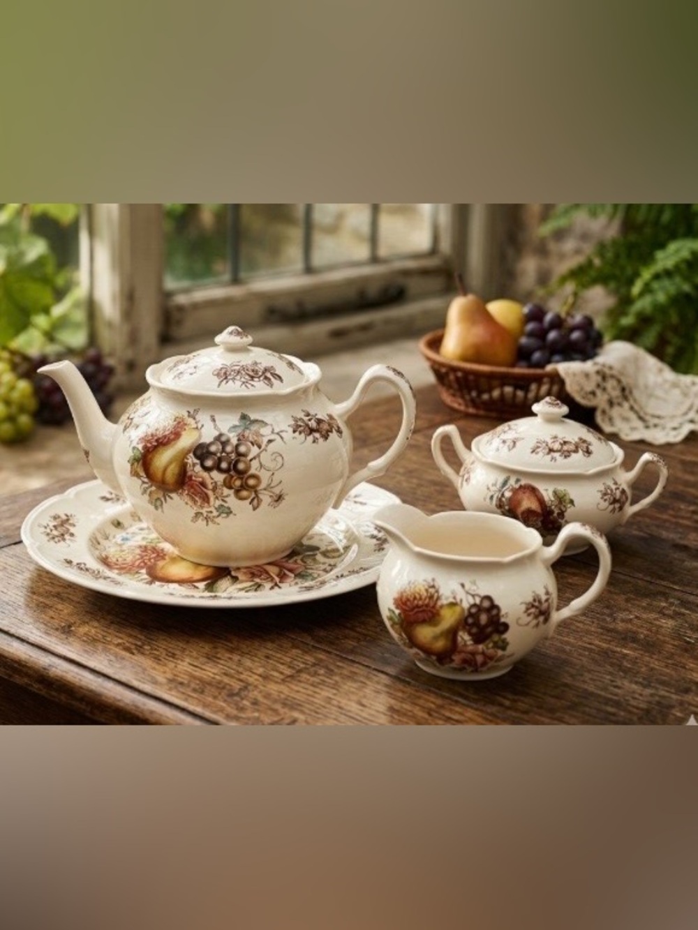 Vintage Johnson Brothers Windsor Fruit Tea Set Teapot Creamer Sugar 6 Pc England